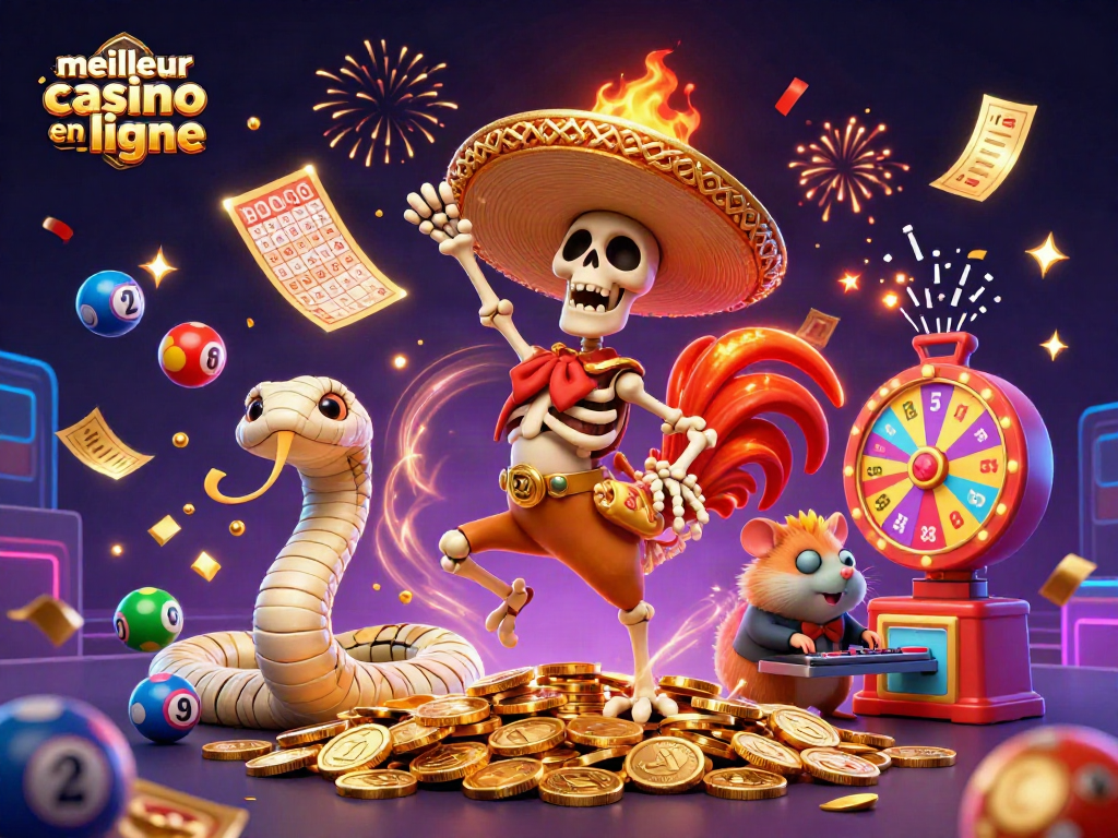 Jouer dans le meilleur casino en ligne avec des personnages festifs et des éléments de loto colorés.