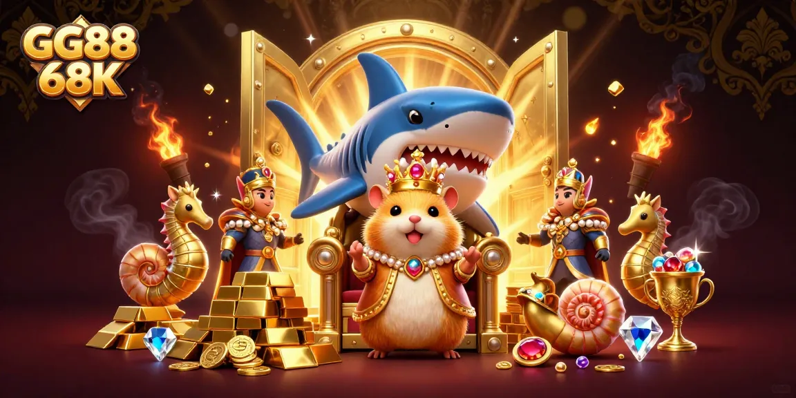 Engage with GG88 68K in a captivating casino scene featuring a golden hamster king and treasures.