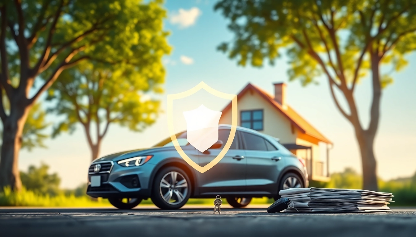 Illustration representing extended warranty for cars and homes, featuring car and house with protection symbols.