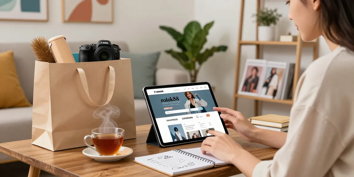 Engaging online shopping scene at rokok88 showcasing a stylish individual browsing trendy items.