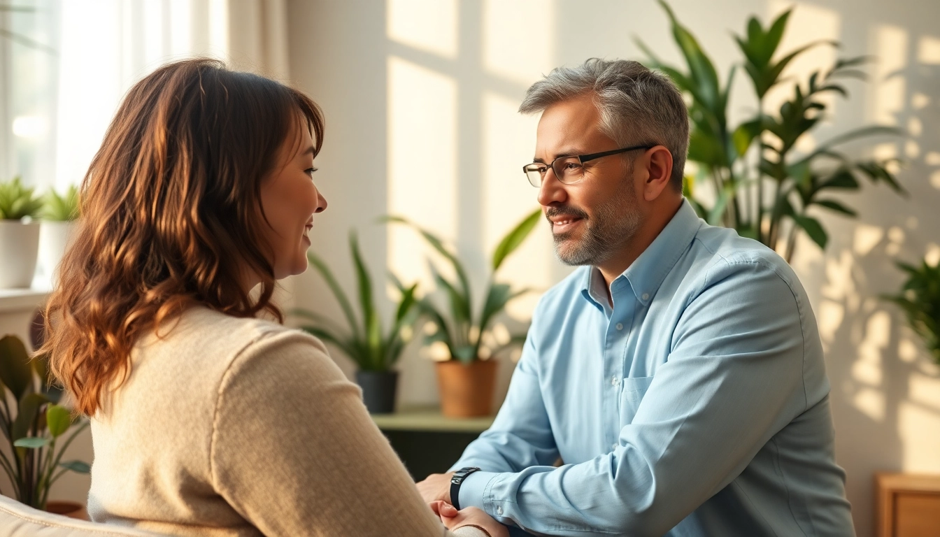 Helping individuals manage stress and anxiety in a serene therapy setting filled with calming elements.