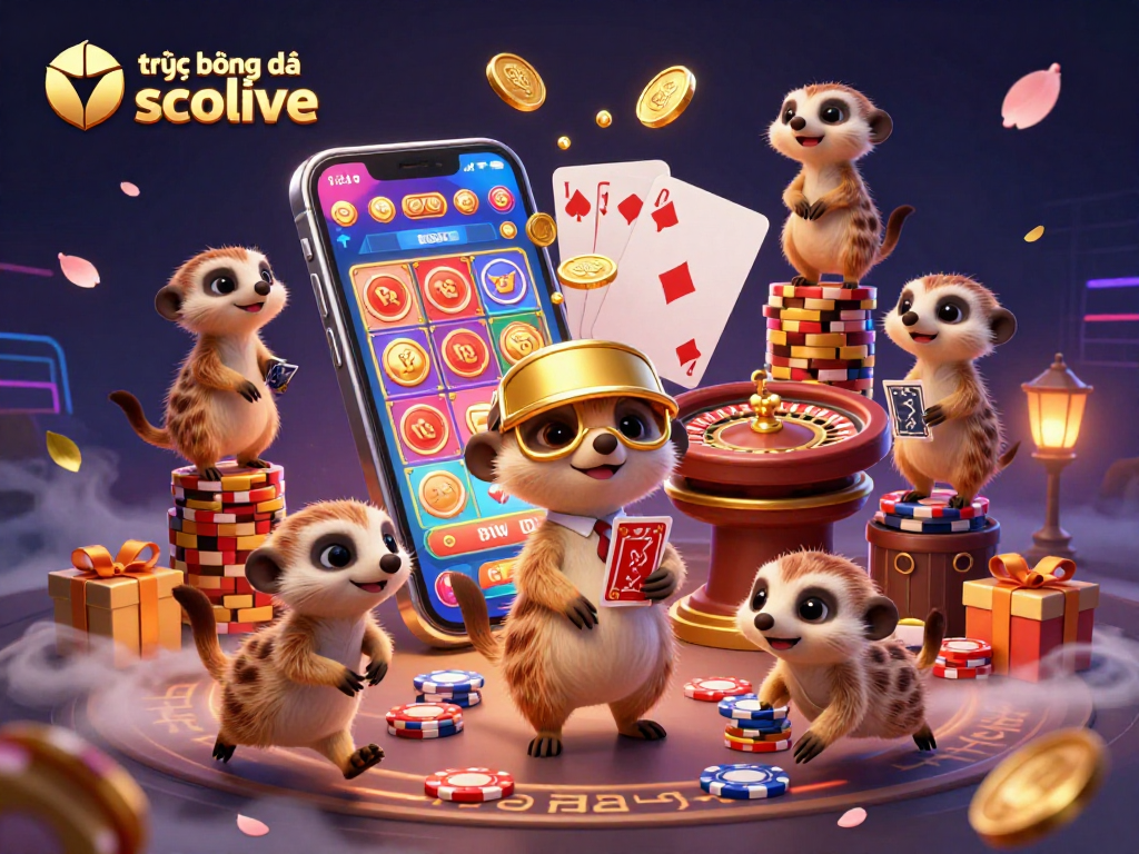 Bet on trực tiếp bóng đá socolive with lively meerkats running a colorful 3D casino.