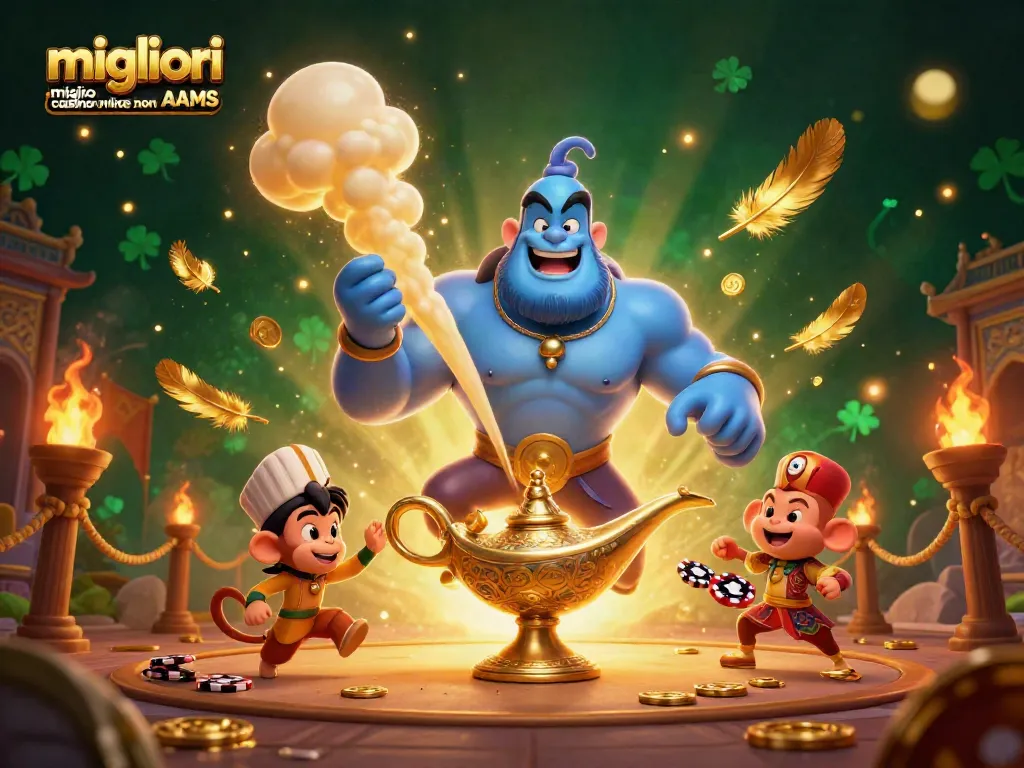 Migliori casino online non AAMS, un genio azzurro che sprigiona fumi dorati, affascinanti monete dorate e atmosfera magica.