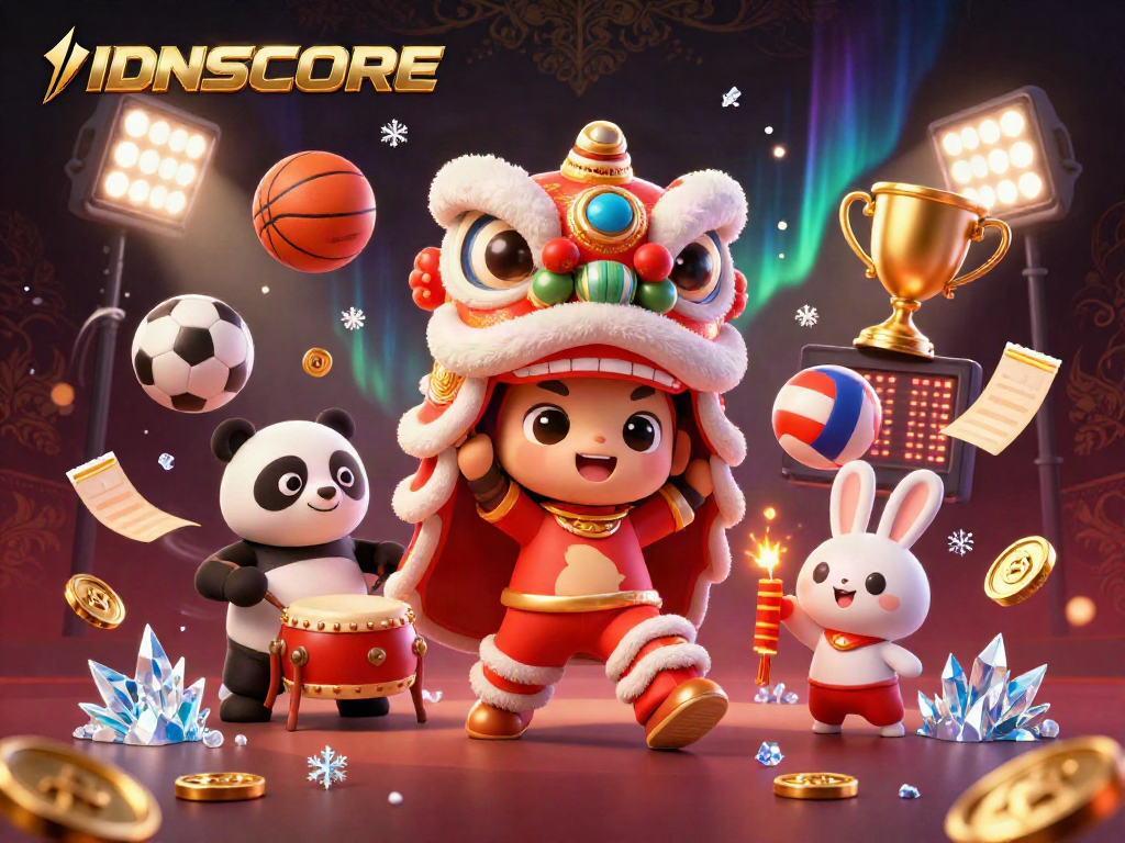 Experience the vibrant action of IDNSCORE with a stunning 3D illustration featuring casino elements and festive characters.