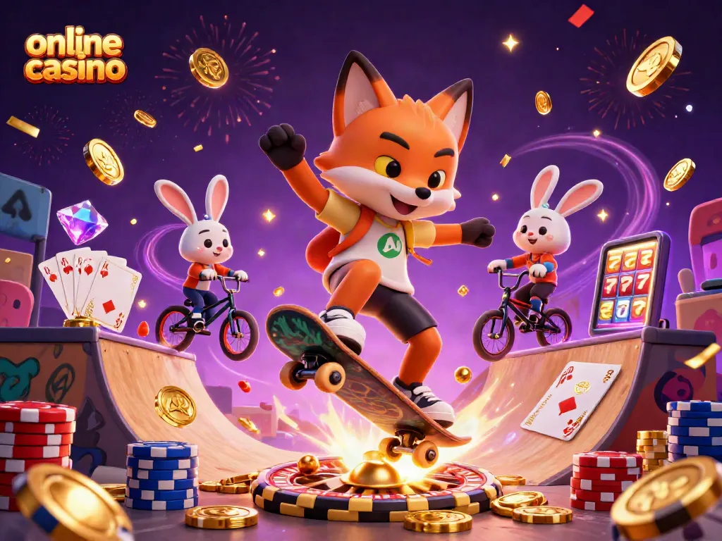 Gioca nei migliori casinò online in Italia mentre una volpe fa un kickflip su un ramp a base di fiches dorate.