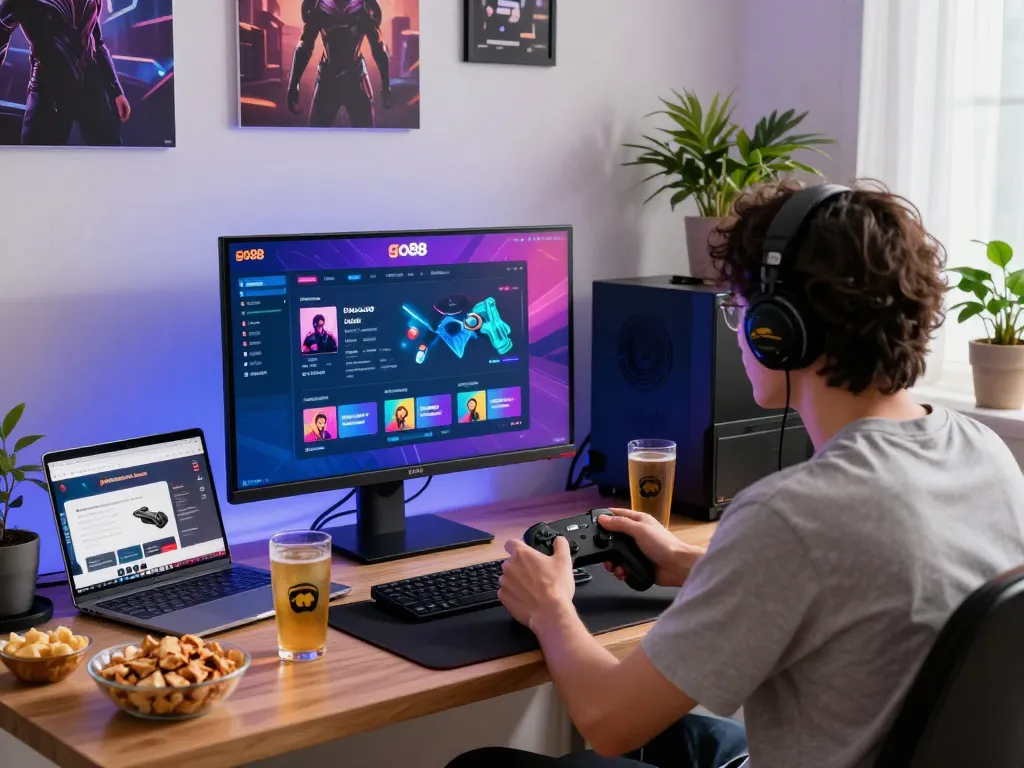 Player engaging with go88 online gaming interface in a vibrant home setup, surrounded by immersive atmosphere and gaming essentials.