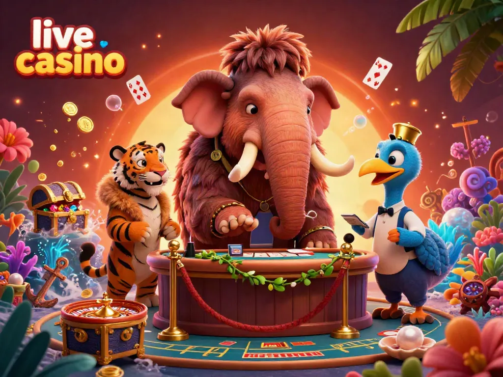 Experience the excitement of live casino with vibrant scene and animated characters.