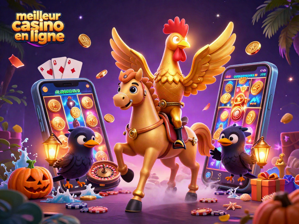 Le meilleur casino en ligne avec un coq doré et des personnages fantastiques dans un décor vibrant.