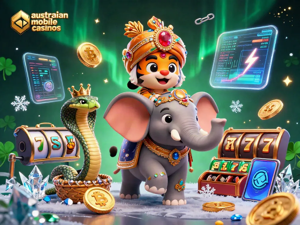 Experience thrilling wins at australian mobile casinos with interactive 3D illustrations of vibrant game elements and characters.