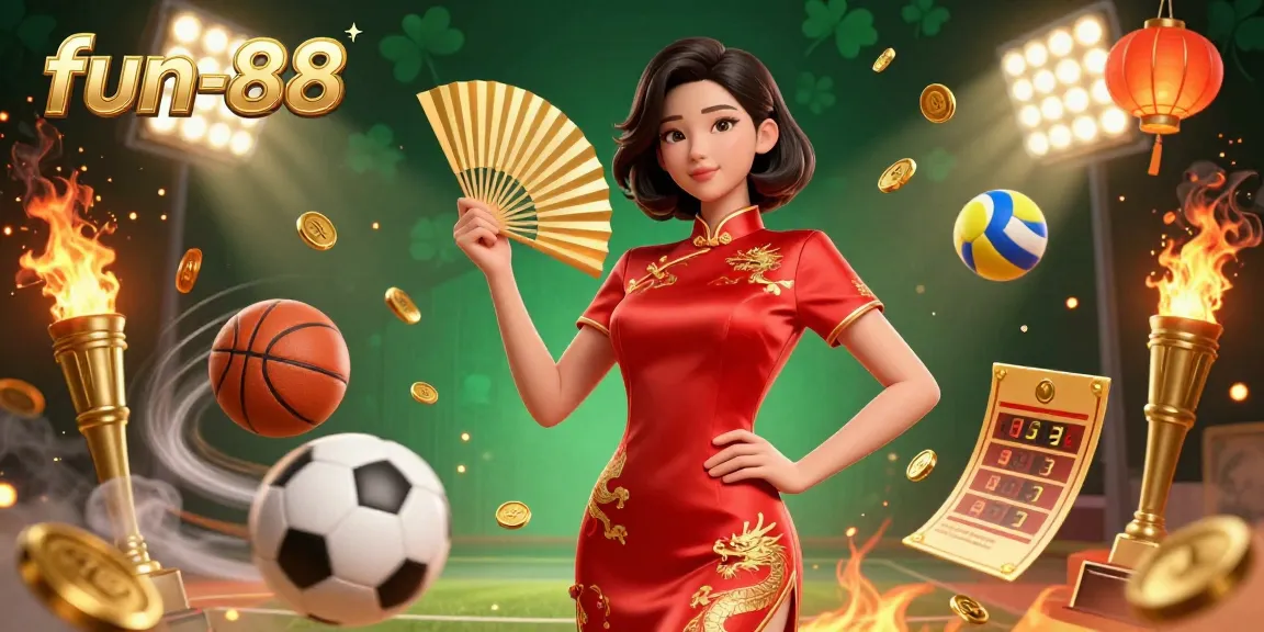 Experience thrilling gameplay with fun-88, featuring an Asian woman in vibrant attire surrounded by casino and sports elements.