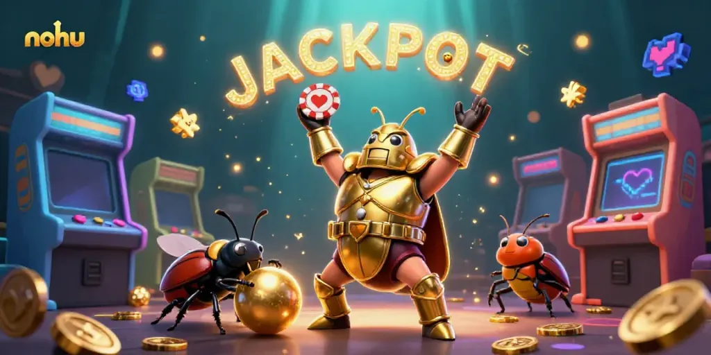 NoHu showcases a victorious beetle lifting a poker chip amidst vibrant casino elements, capturing the gaming spirit.