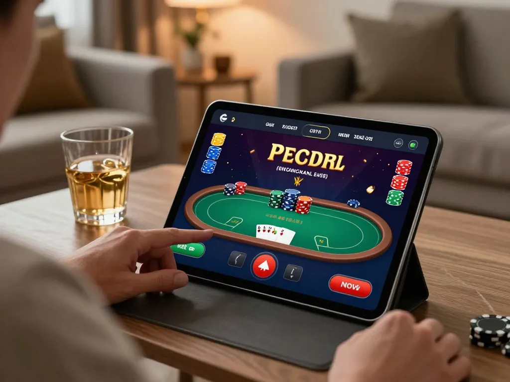 Engaging with cm88 online poker game on a tablet in a cozy setting, emphasizing strategy.