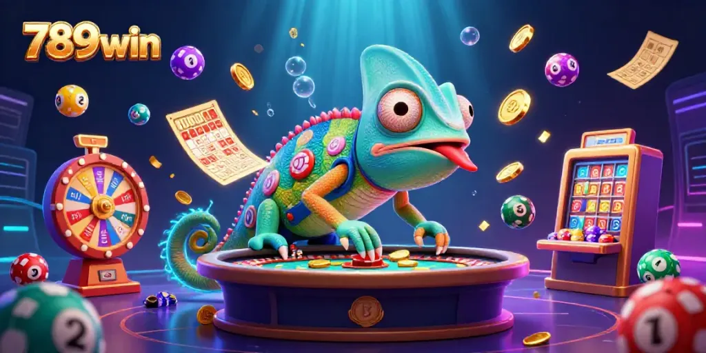 Engage with the vibrant world of 789win, featuring a playful chameleon casino owner amidst dynamic gambling elements.