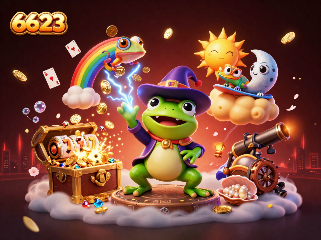 Engage in the excitement of 6623 with a vibrant, high-stakes casino scene of a wizard frog and chameleon amidst abundant gold coins.