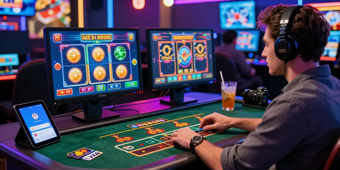 Engaged player at a credit card casino enjoying vibrant slot games with credit cards displayed.