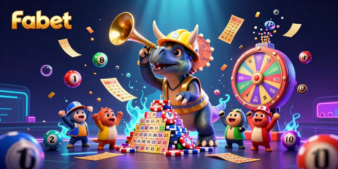 Fabet showcases a triceratops building poker chip pyramids in jubilant lottery celebration.
