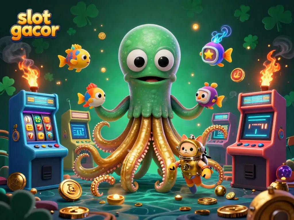 Engage with slot gacor strategy and excitement through this lively casino scene with a colossal kraken, diving cat, and interactive game elements.