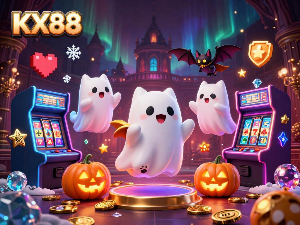 KX88 delivers thrilling gaming experiences with a ghost cat and vampire bat in a haunted casino.