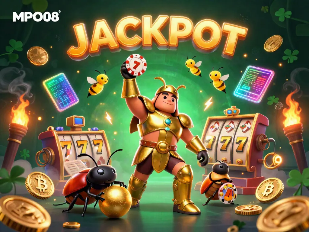 MPO08 themed 3D cartoon hercules beetle celebrating a jackpot with golden coins and slot reels.