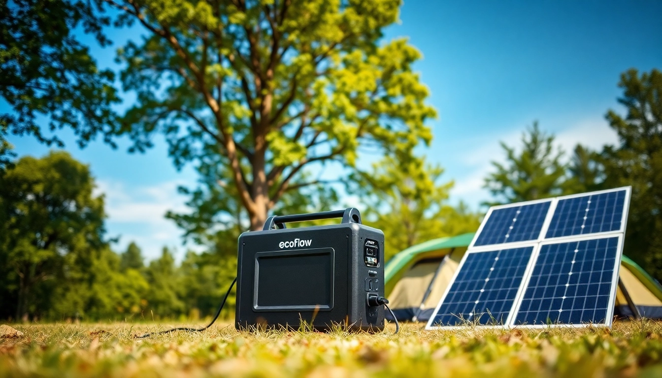 Showcasing EcoFlow portable power station powering a camping setup in nature.