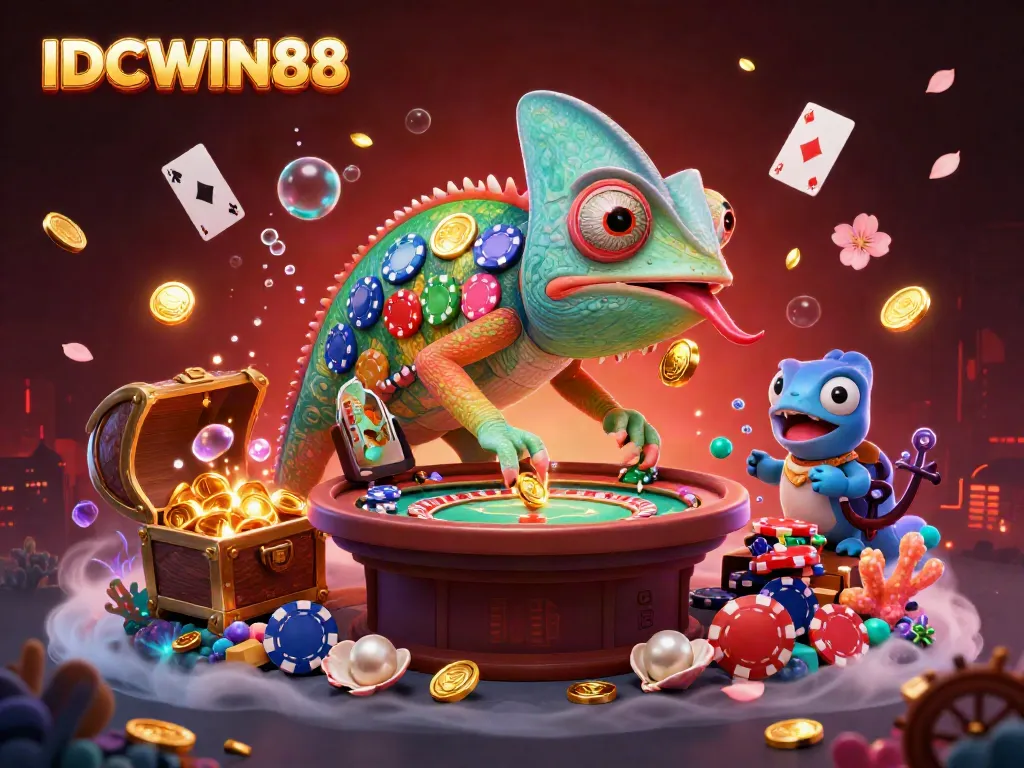 Experience thrilling gameplay at IDCWIN88 with a vibrant chameleon casino owner amidst a sea of gold and gaming treasures.