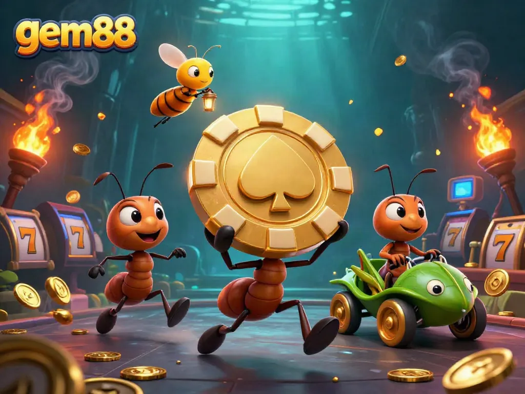 Experience gem88's thrilling underground heist with ants carrying a giant golden poker chip through the casino!