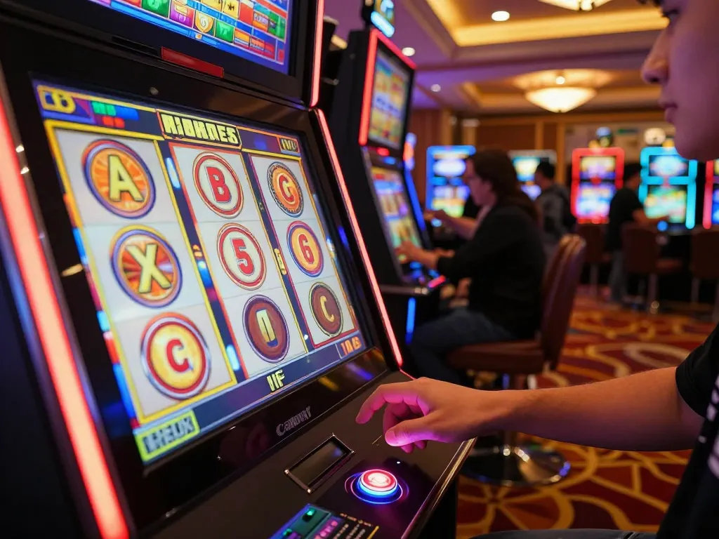 Player spinning a slot machine at a situs slot gacor, colorful graphics illuminating the casino.