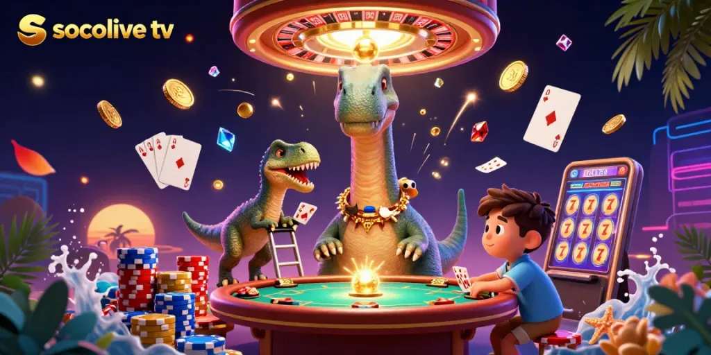 Socolive TV showcases a thrilling 3D cartoon scene, featuring a brontosaurus and raptor in a vibrant casino atmosphere.