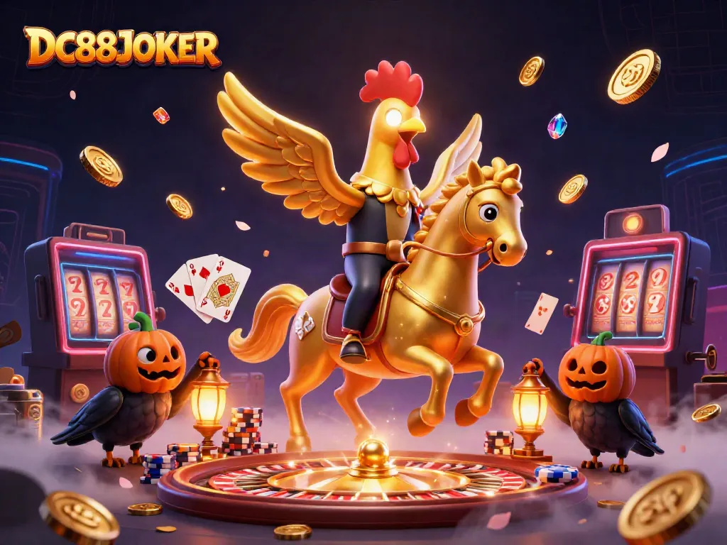 The DC88JOKER scene showcases a golden rooster headless horseman with glowing head amidst a vibrant casino