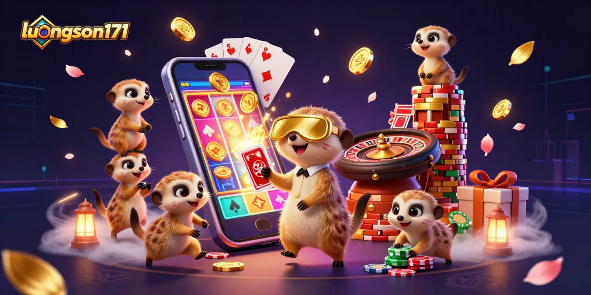 Enjoy thrilling moments at luongson171 with meerkats managing a vibrant casino scene, showcasing dynamic gambling elements.