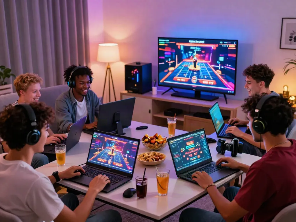 Friends enjoying an exciting gaming session with ku88 in a lively living room.