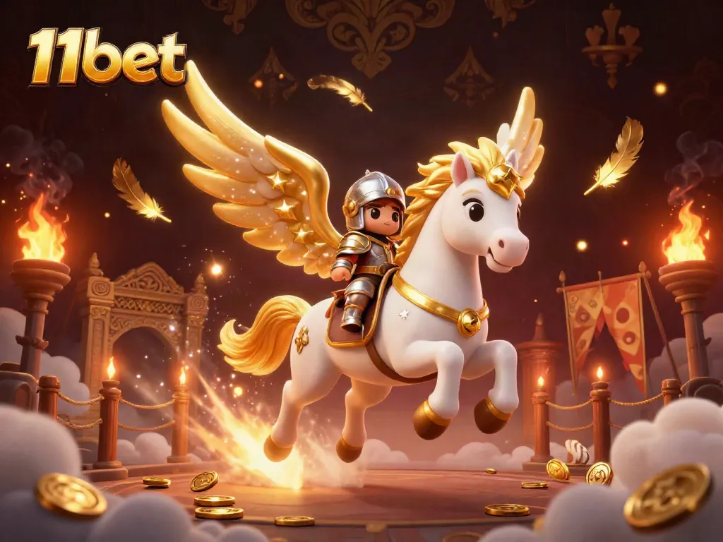 Experience excitement at 11bet with a whimsical knight and celestial horse amidst colorful gambling elements.