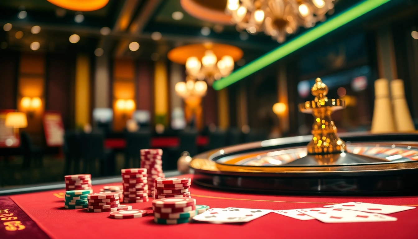 Masuk QQWIN4D LOGIN ke dalam suasana kasino yang megah, menampilkan meja permainan yang glamor.