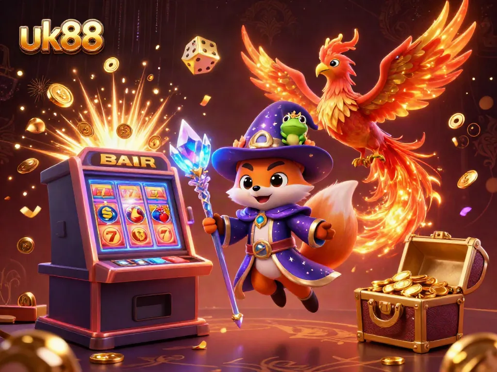Spin for jackpots at uk88 with a magical wizard fox and a phoenix surrounded by slot machines and golden treasures.