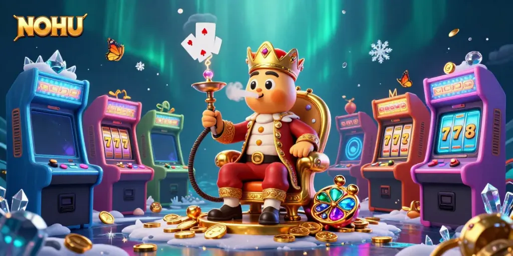 Engage with NOHU's vibrant gaming universe featuring an animated caterpillar master and an abundance of sparkling slot machines.