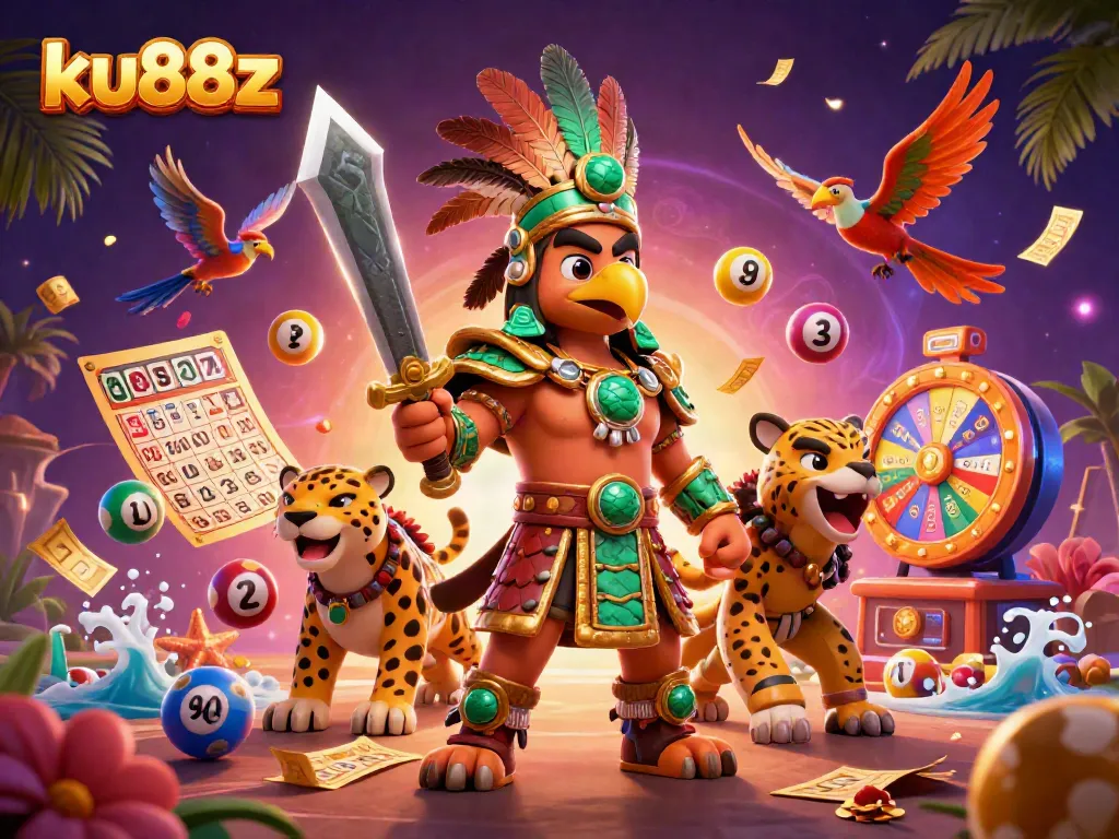 Engage with the world of ku88z through vibrant lottery elements and dynamic Aztec warriors in a rich casino-themed scene.
