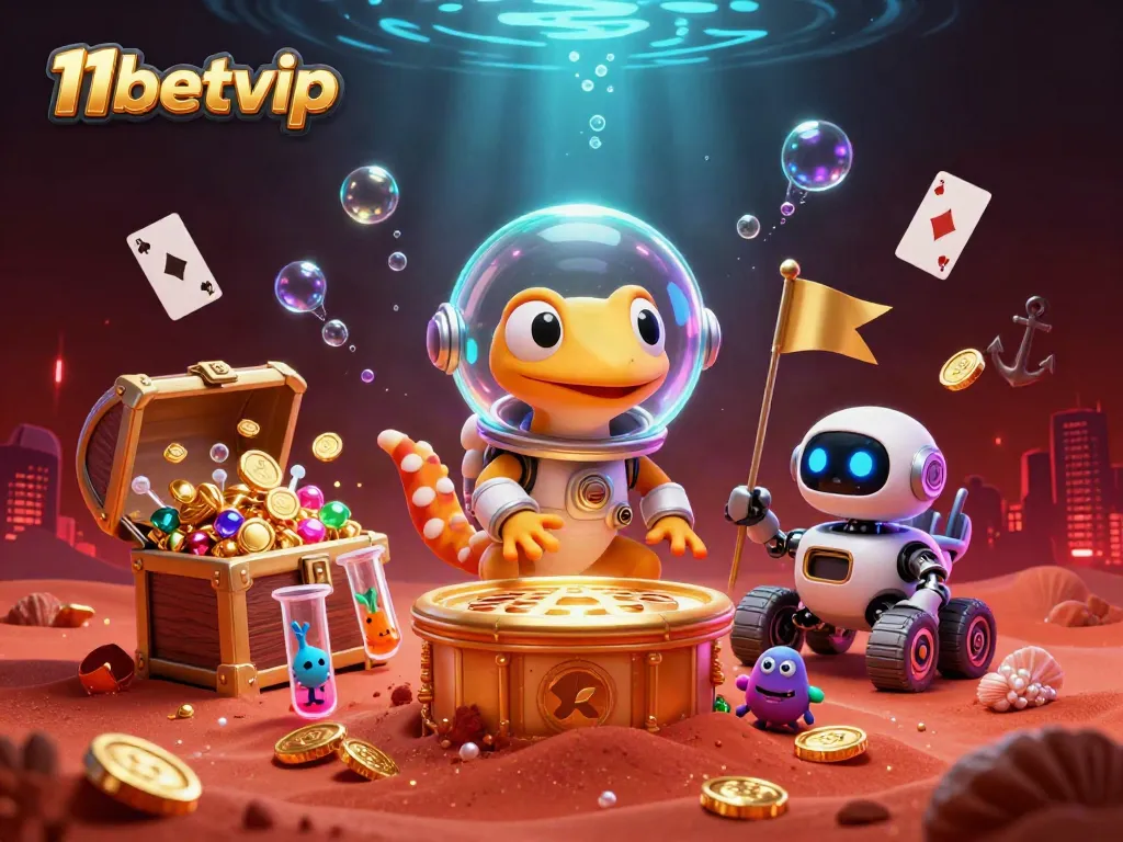 Play games at 11betvip featuring a Martian gecko discovering a golden casino while surrounded by treasure.