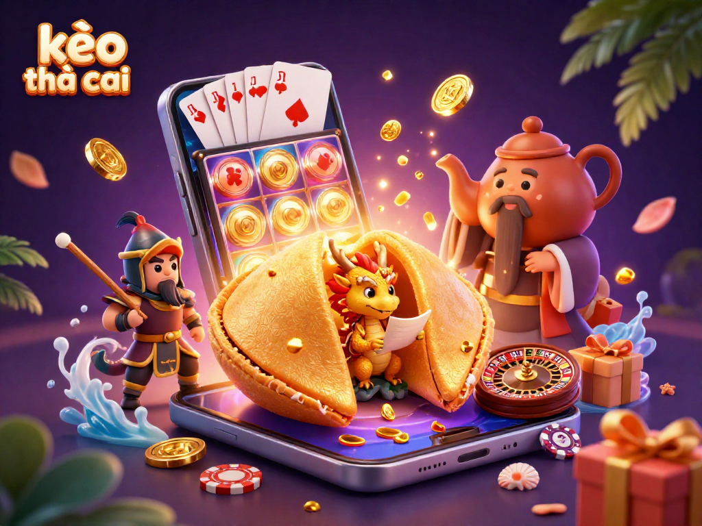 Engaging kèo nhà cái scene with a golden fortune cookie, wise dragon, and fresh gaming action elements.