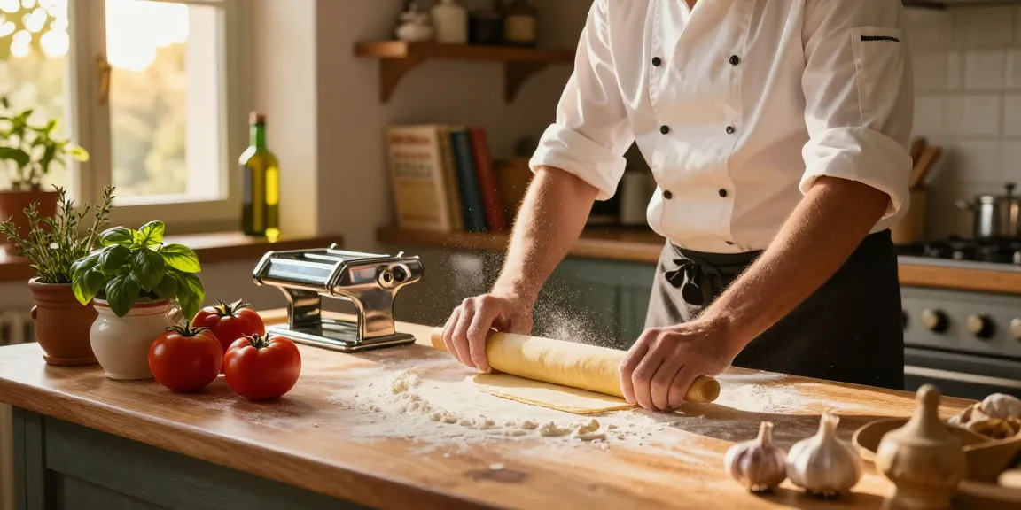 Delicious Italian pasta being made from scratch in a sunlit kitchen.