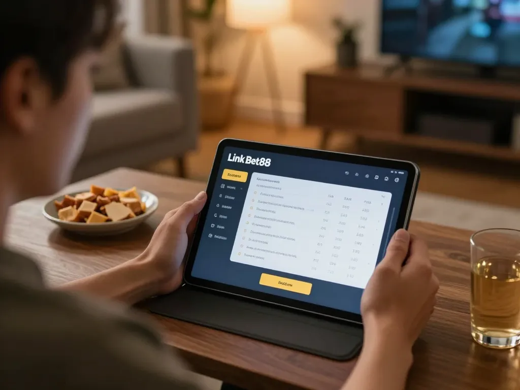 Player enjoying online gaming with Link Bet88 on tablet in a cozy setting