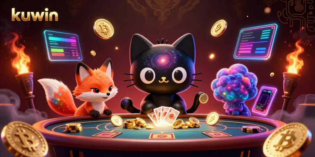 Kuwin's cosmic casino, featuring a black hole cat and nebula fox amidst golden chips and digital elements.