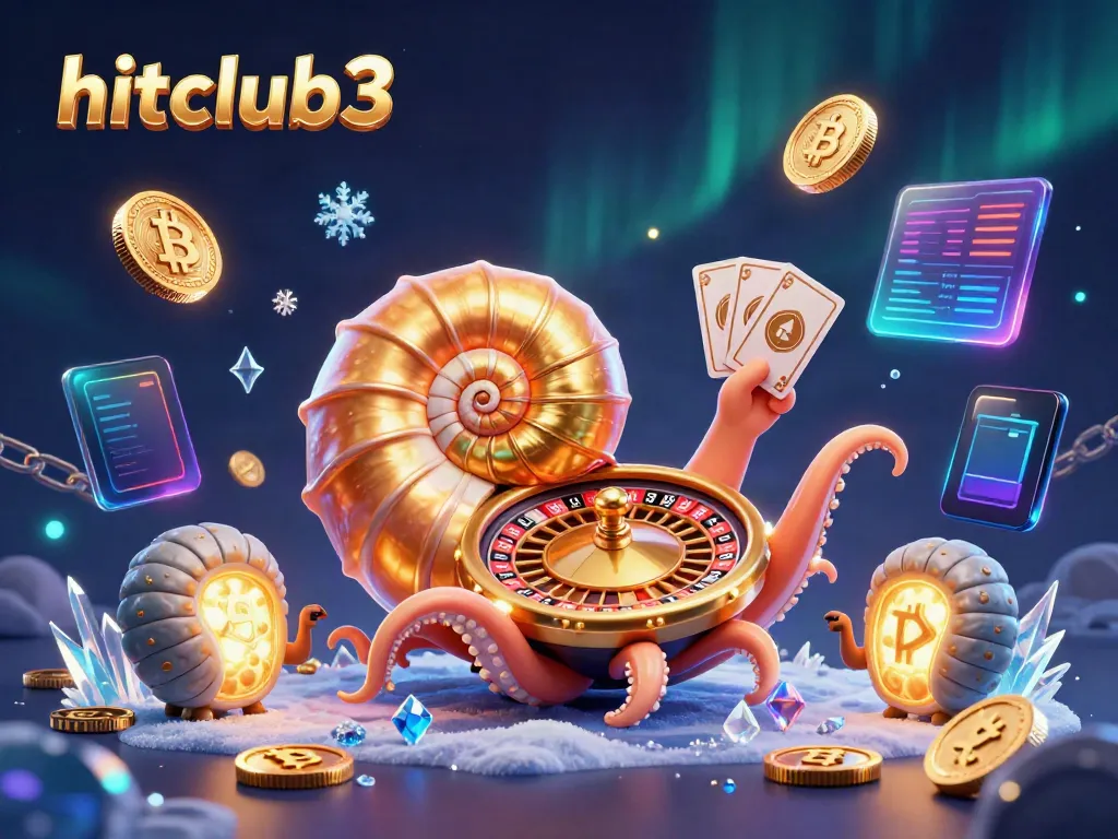 Experience excitement at hitclub3 with a colorful 3D illustration featuring a giant nautilus roulette wheel amidst digital currency elements.