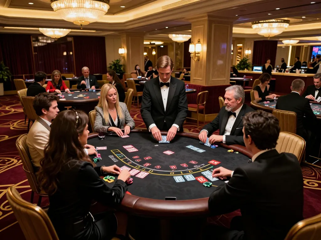 VA88 blackjack players intensely strategizing at a luxurious casino table.