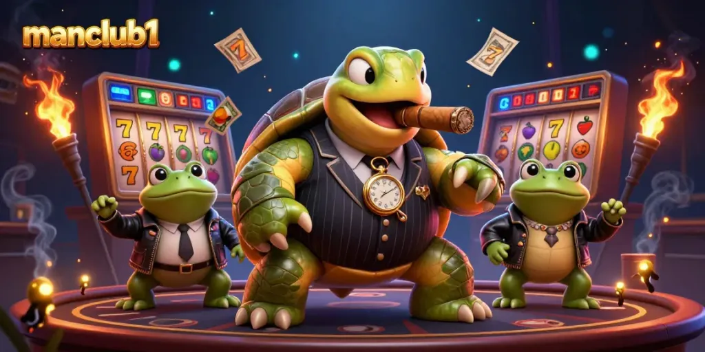 Experience thrilling casino excitement with manclub1 in a vibrant 3D scene featuring a massive snapping turtle and casino elements.