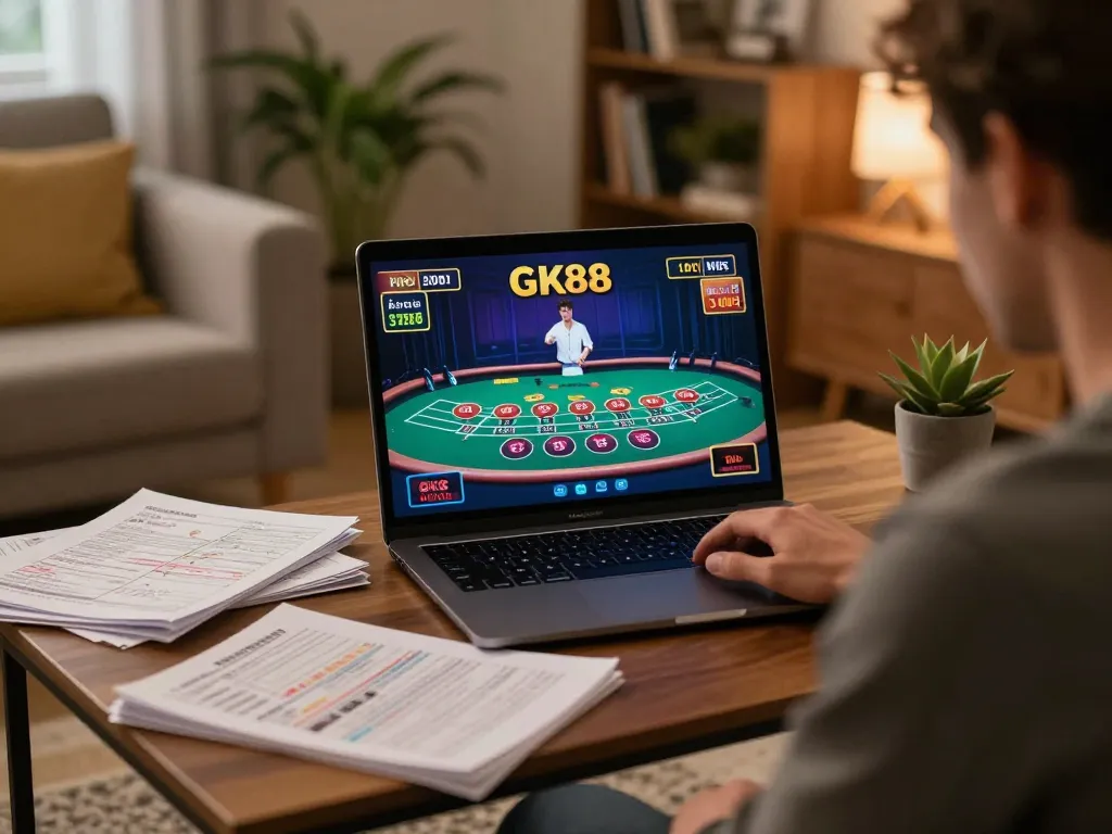 Engaging online gaming experience at GK88 with live dealer baccarat game on laptop