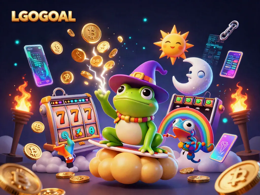 Engage with LGOGOAL as a weather wizard frog conjures a golden coin storm in a vibrant casino-themed scene.