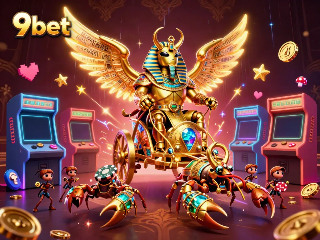 Engaging 3D scene of 9bet featuring a golden scarab beetle with gambling elements and dynamic lighting.