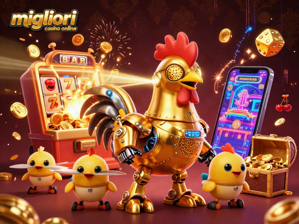 I migliori casino online presentano un robot galletto d'oro 3D con simboli di casinò e monete volanti.