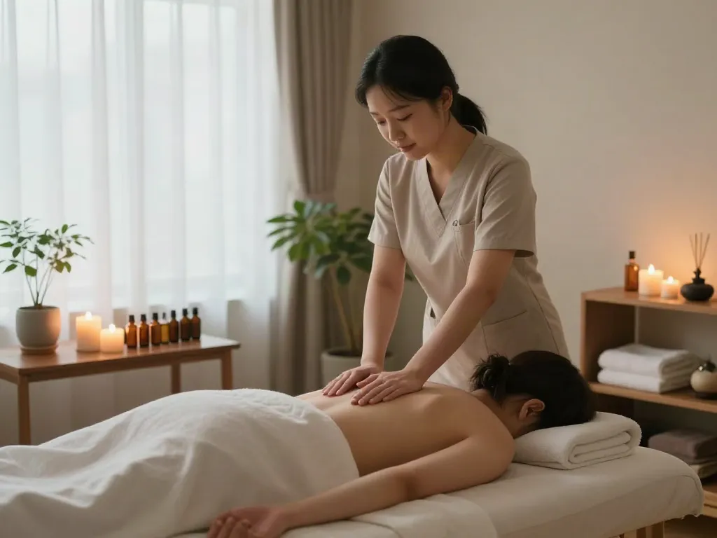 Relaxing 성북구출장안마 session in a soothing home massage environment with soft lighting and calming decor.