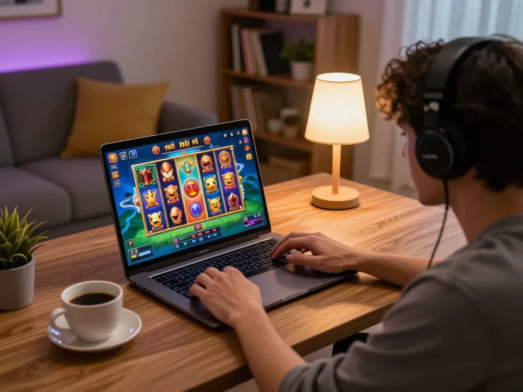 Player engaging in game nổ hũ on a laptop in a cozy living room, showcasing vibrant graphics.